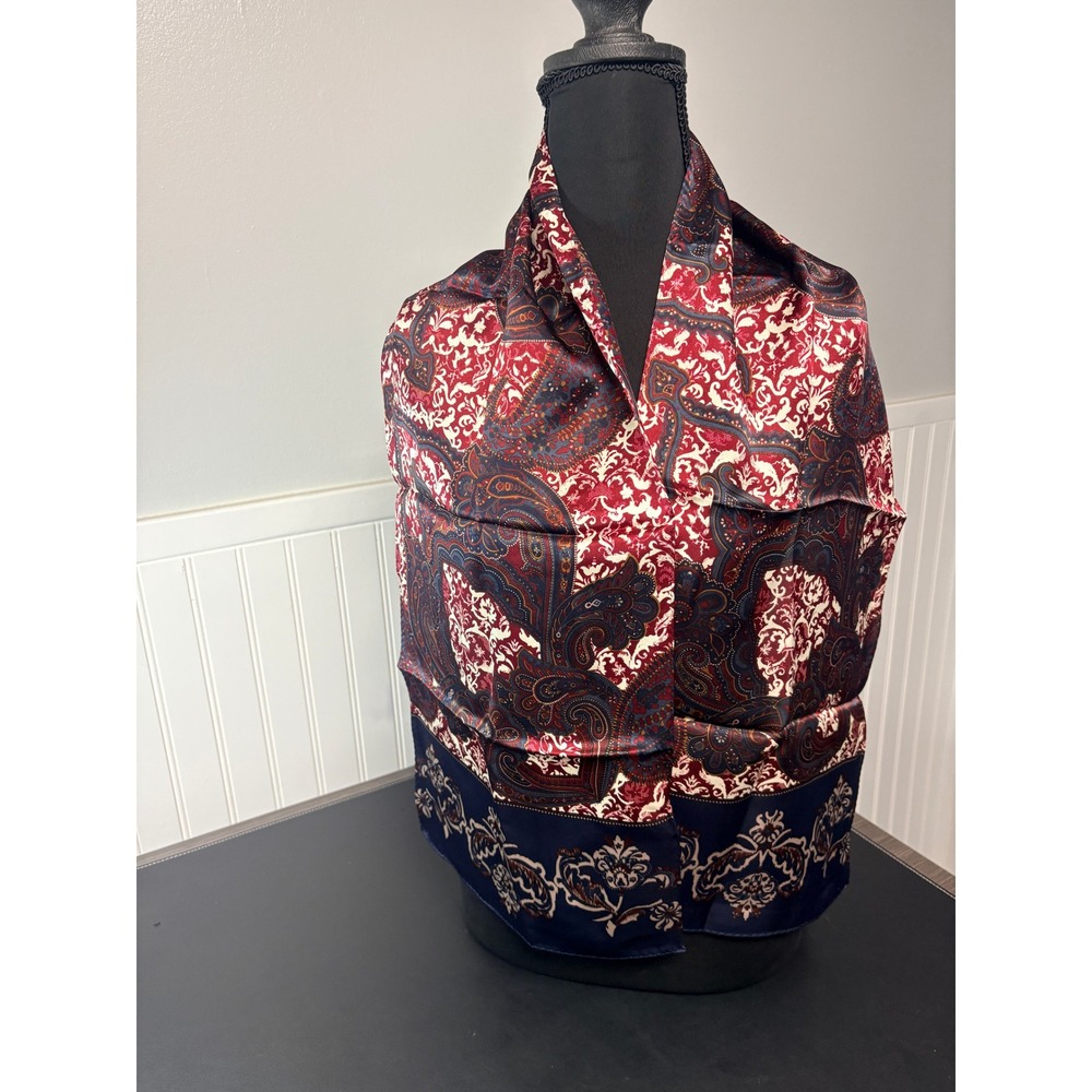 Liz Claiborne Silk Scarf Burgundy Navy Blue Paisley Damask Rectangular 50x11